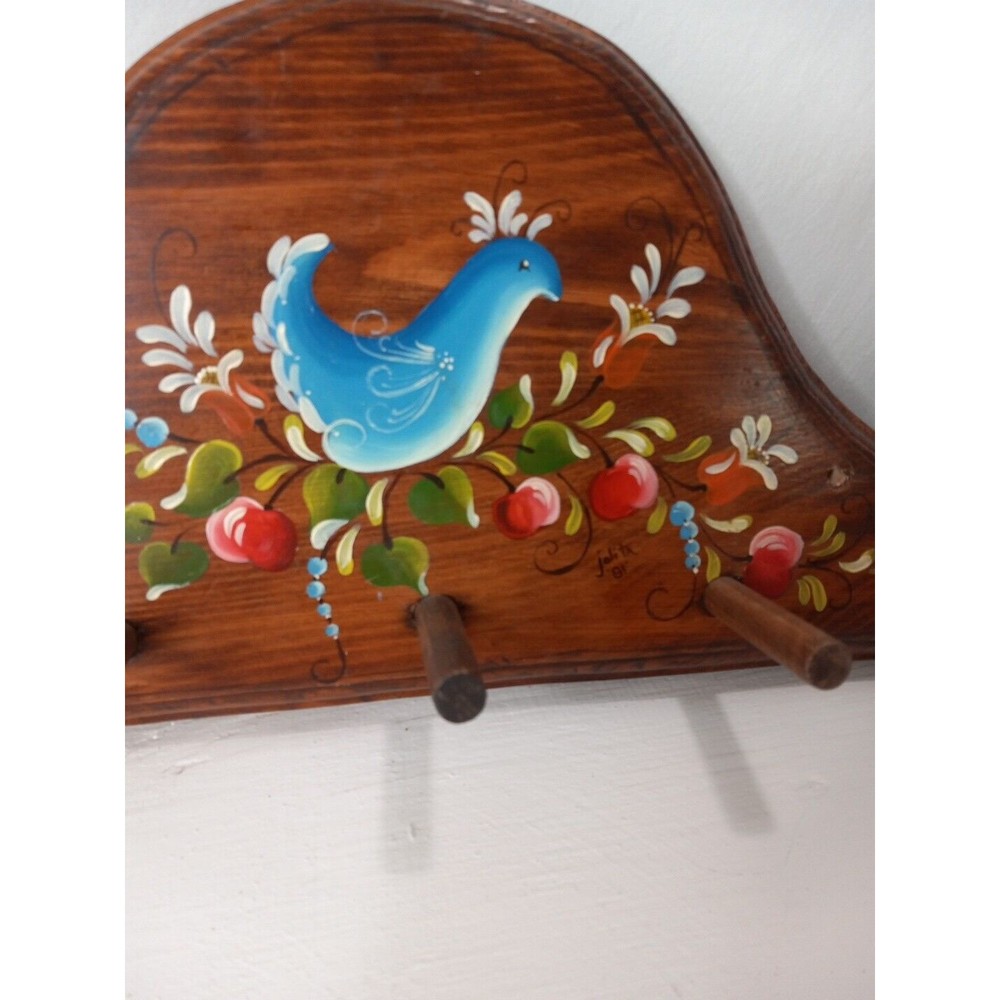 20" Long Hand Made and Painted Key Hook Rack Floral, Bird on it! Cottage Farm